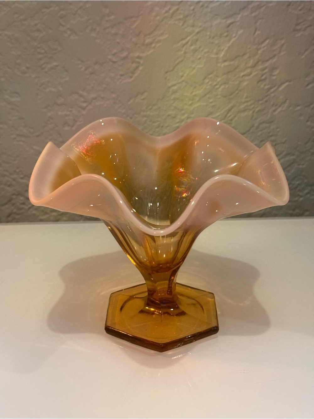 Vintage Fenton Cameo Amber
Opalescent flared ruffled footed Vase - Picture 9 of 10